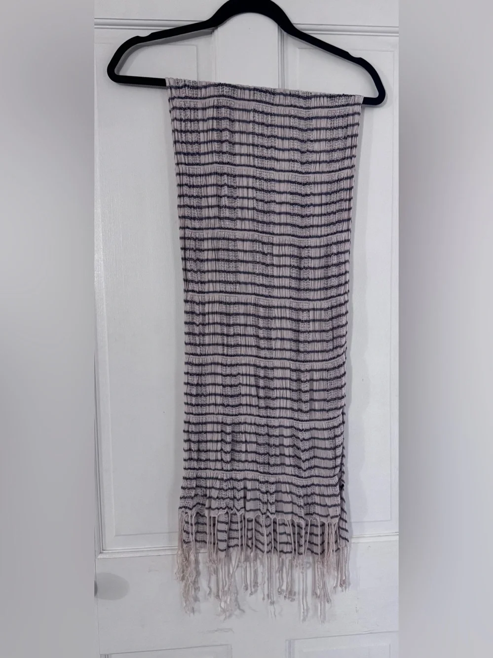 Cream and Navy Blue Striped Textured Women's Fringe Scarf
